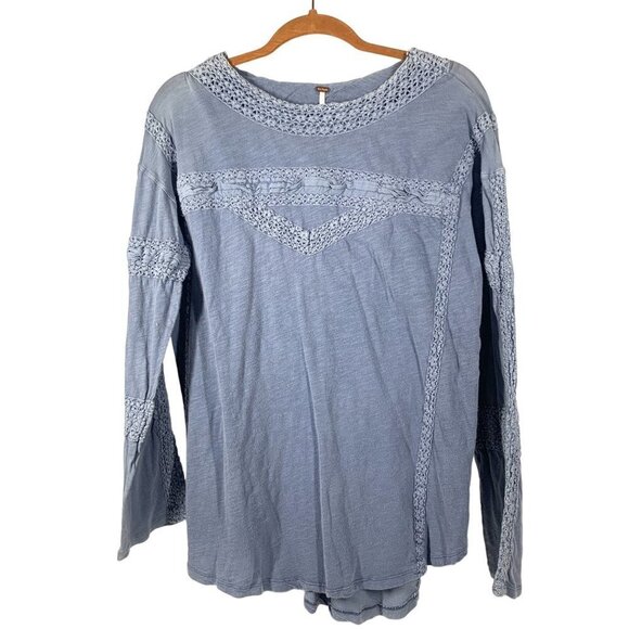Free People Macrame Peasant Style Long Sleeve Top Slate Blue Size Extra Small - Picture 1 of 6